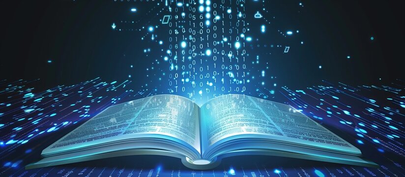 An open book with pages made of glowing digital data streams, representing the integration and evolution of traditional books in modern technology and online learning concepts.