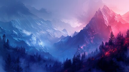 A dreamy landscape where glowing tech lines meet mountain mist, painting a fantasy with galaxy colors - obrazy, fototapety, plakaty