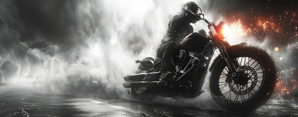Motorcycle rider in action on the road - obrazy, fototapety, plakaty
