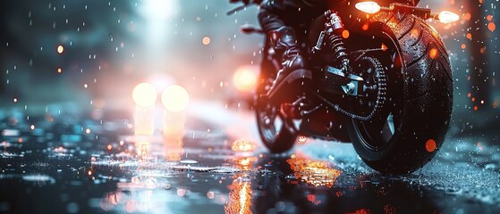 Motorcyclist riding a motorcycle on a wet road in the rain - obrazy, fototapety, plakaty