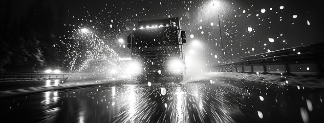 Truck on the road with motion at night in rain blur background