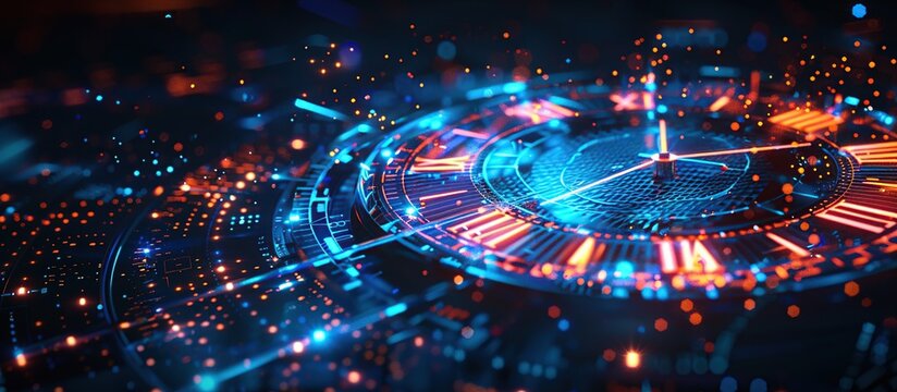 Abstract futuristic time concept with clock on digital background. Digital technology of space and time.