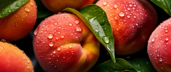 Fresh peach fruit, with water drops over it, closeup macro detail. Generative AI