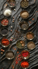 Assorted Organic Spices in Bowls on Dark Textured Background