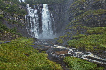 Waterfall Skjervsfossen at the scenic route Hardanger in Norway, Europe
