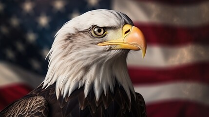 Portrait of an eagle with the American flag in background. Background is blurred