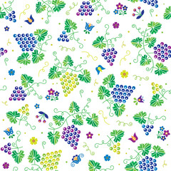 Seamless pattern with grapes and floral ornaments, inspired by Moravian folklore style. - 776207347
