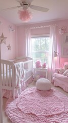 Girl's room, room for a little girl with toys, bed and table in pink colors