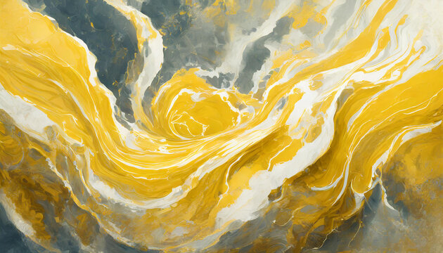Beautiful yellow splashes of paint. Marble effect texture. Acrylic paining. Abstract wavy background