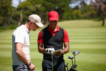 Golf course, people and technology on field talking from personal trainer with video for learning, coaching and planning. Diversity, tablet and men for sport, wellness and training on weekend