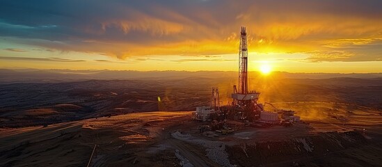 Drilling Rigs Twilight Infrastructure A Glimpse into the Energy Production Frontier - obrazy, fototapety, plakaty