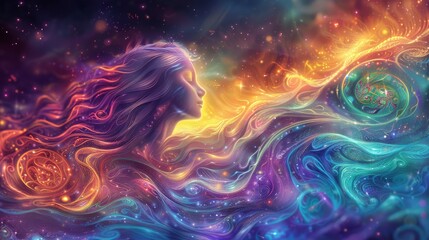 Woman face in glittering, swirling colors. Concept of meditating soul, connection to cosmos, universe. Inner balance, harmony with oneself. Spirituality.