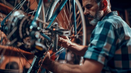 Obraz premium Bicycle repair in the workshop generative ai