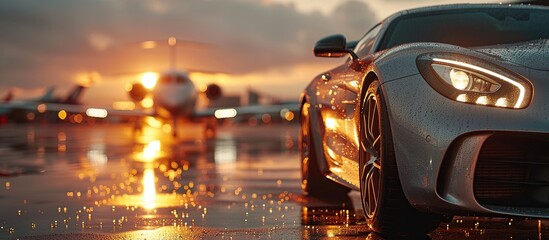 close up of supercar parked on wet tarmac with an private jet blurred in the background - obrazy, fototapety, plakaty