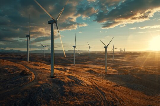A panoramic view of wind turbines against the backdrop of an expansive landscape, illuminated by golden sunlight, symbolizing sustainable energy and clean technology in nature Generative AI