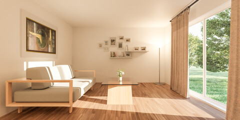 Busy living room with furniture and wooden floor 3d render illustration
