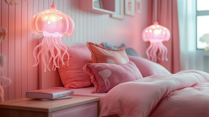 Pink girls bedroom with creative jellyfish shaped lamps