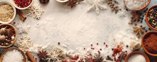 Fototapeta na wymiar Festive Holiday Ingredients and Spices for Christmas Baking