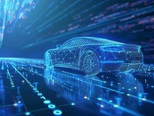 digital blue self-driving car with glowing data stream , the advancement of artificial intelligence in autonomous vehicle technology. driverless navigation, road transportation. wireframe low poly.
 - obrazy, fototapety, plakaty