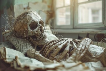 a skeleton laying on a bed with a window in the background. - obrazy, fototapety, plakaty