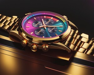 Gold wrist watch on the table with neon color light