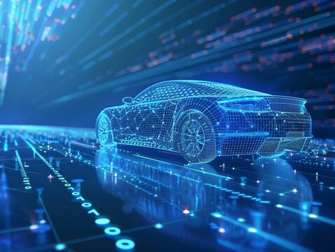 digital blue self-driving car with glowing data stream , the advancement of artificial intelligence in autonomous vehicle technology. driverless navigation, road transportation. wireframe low poly.

