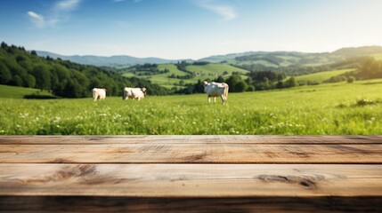 A close-up wooden table to display dairy products, with farms and cows, green pastures during summer, morning light as the background. - obrazy, fototapety, plakaty