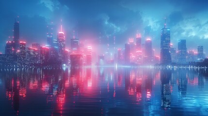 A stunning neon-lit futuristic cityscape with glowing skyscrapers reflected beautifully on the calm waters under a twilight sky.