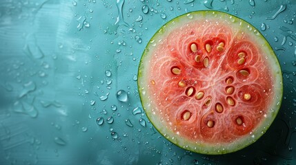Close-up of a watermelon cross section with seeds and water droplets on a teal wet surface, highlighting freshness and texture. - obrazy, fototapety, plakaty