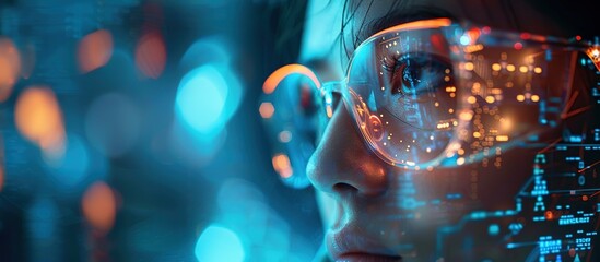 A woman wears digital glasses and stares at a holographic screen. Futuristic technology and innovation. - obrazy, fototapety, plakaty
