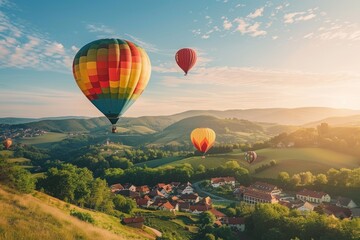 Top view of green landscape and mountain valleys and town and colorful balloons flying in the sky - Powered by Adobe