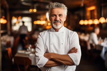 Fototapeta na wymiar Portrait of confident mature male chef standing with arms crossed in restaurant