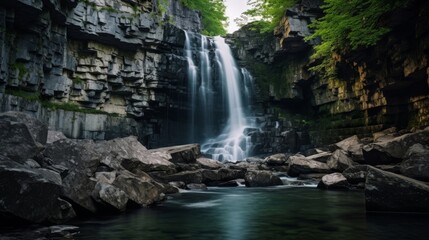 Fototapeta na wymiar Waterfall flowing through canyon with stones