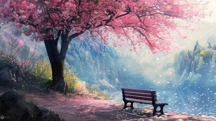 A lone bench nestled beneath the colorful canopy of a cherry blossom tree, a peaceful retreat from the world. - obrazy, fototapety, plakaty