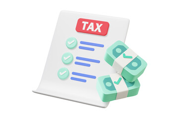 Checklist with banknotes tax payments on clipboard paper. money floating on transparent background. Financial management learning information business document correct mark. 3d rendering