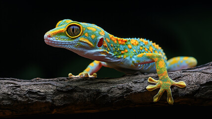 Obraz premium Colorful gecko lizard, gecko lizard on a thick tree branch, 100% black studio background