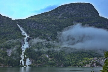 Waterfall Strandsfossen at the lake Sandvevatnet in Norway, Europe
