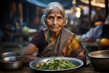 Portrait of an old Indian woman selling food in the street - obrazy, fototapety, plakaty