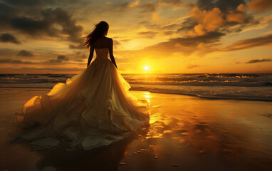 Fototapeta na wymiar Beautiful woman against the backdrop of a golden sunset on a pristine beach.