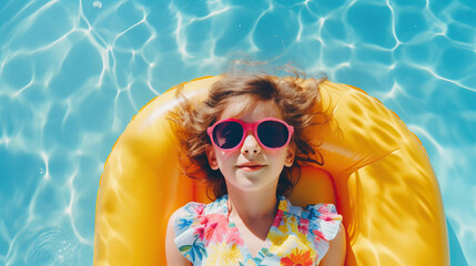 A little girl in sunglasses resting on colorful inflatable float in swimming pool on summer day - obrazy, fototapety, plakaty