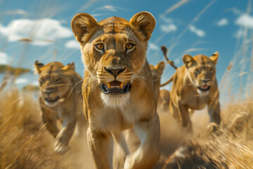 Lions on the African continent running towards the camera at a very high speed
