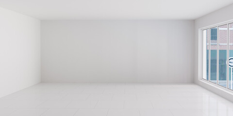 Empty room with window in urban environment 3d render illustration