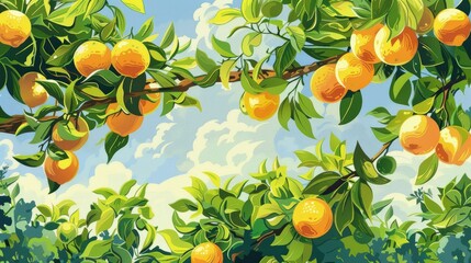 A detailed illustration of a juicy citrus grove with lemons and oranges heavy on the branches
