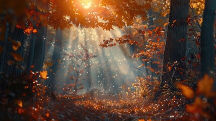 A magical forest scene adorned with vibrant autumn foliage, with sunlight filtering through the...
