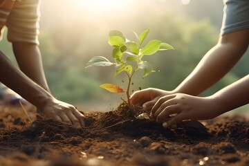 Hands lovingly planting a green plant in the ground