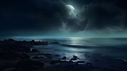 Seashore at night, the moon is shining in the sky between the clouds. A wave hits the shore