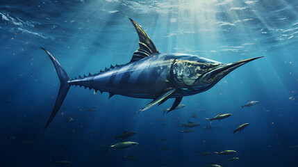 An ancient swordfish in sea water illuminated by rays piercing the water.