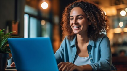 A Smiling Woman with Laptop - obrazy, fototapety, plakaty