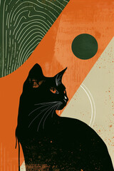 black cat on burnt orange and olive green risograph background