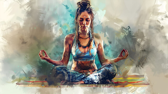 Artistic Style Painting Drawing of A Beautiful Girl Practicing Yoga Aspect 16:9